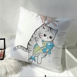1pc, Fun Fishing Cat Single Sided Printed Throw Pillow‎ Cover Sofa Bedroo…